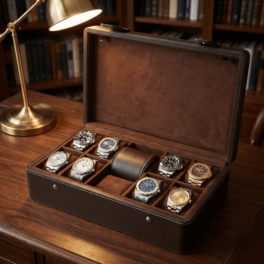 Horlogedoos Donkerbruin leder 10 Horloges Leanschi + gratis Watch Pouch