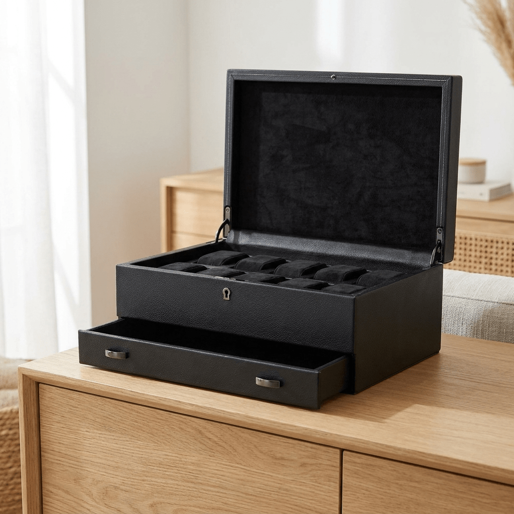 Wolf 1834 British Racing horlogedoos met lade 10 horloges Saphire Black - interieur