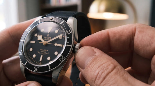 Automatisch horloge opwinden: hand draait de kroon van een duikhorloge dat van de pols is gehaald