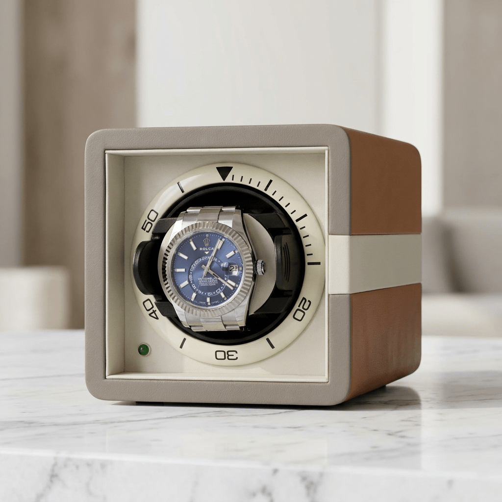 Leanschi watch winder leder 1 horloge - wit marmer zijaanzicht