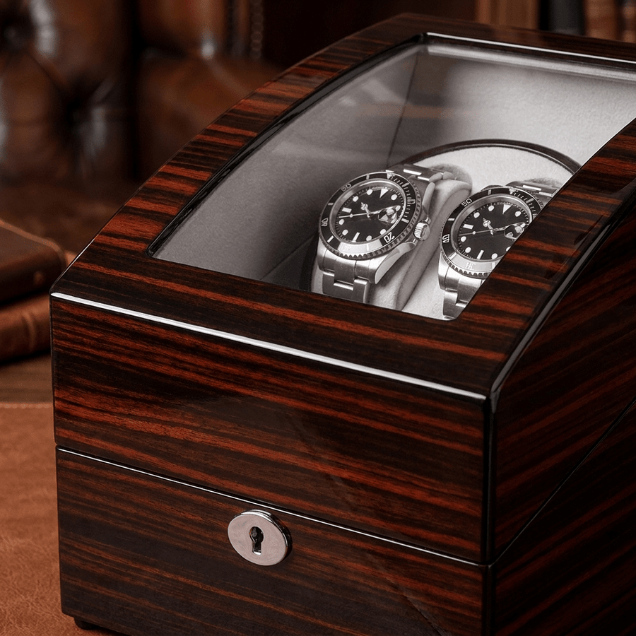 Ashford & Rye watch winder Ebony hout - detail glas en lade