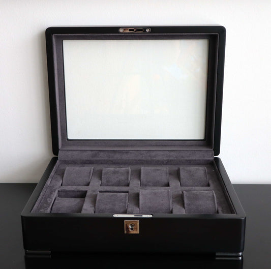 Horlogedoos Zwart Hout met Suede 8 Horloges - Horlogerieshop.nl