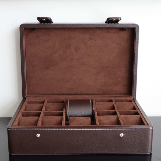 Horlogedoos Donkerbruin leder 10 Horloges Leanschi + gratis Watch Pouch