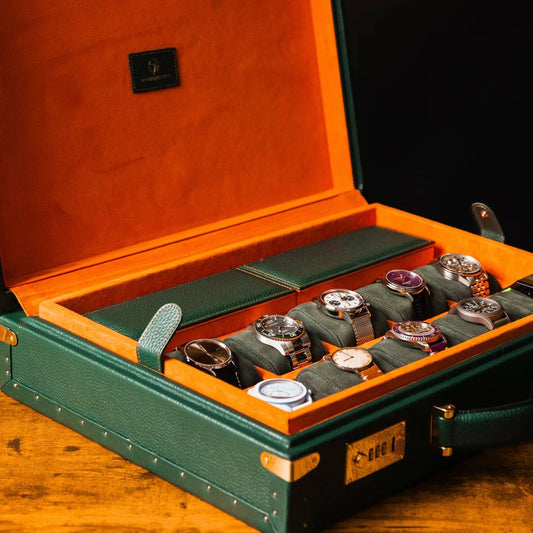 Horlogedoos Groen kalfsleder/Oranje Suede 15 horloges Old Fashioned Luxury - Horlogerieshop.nl