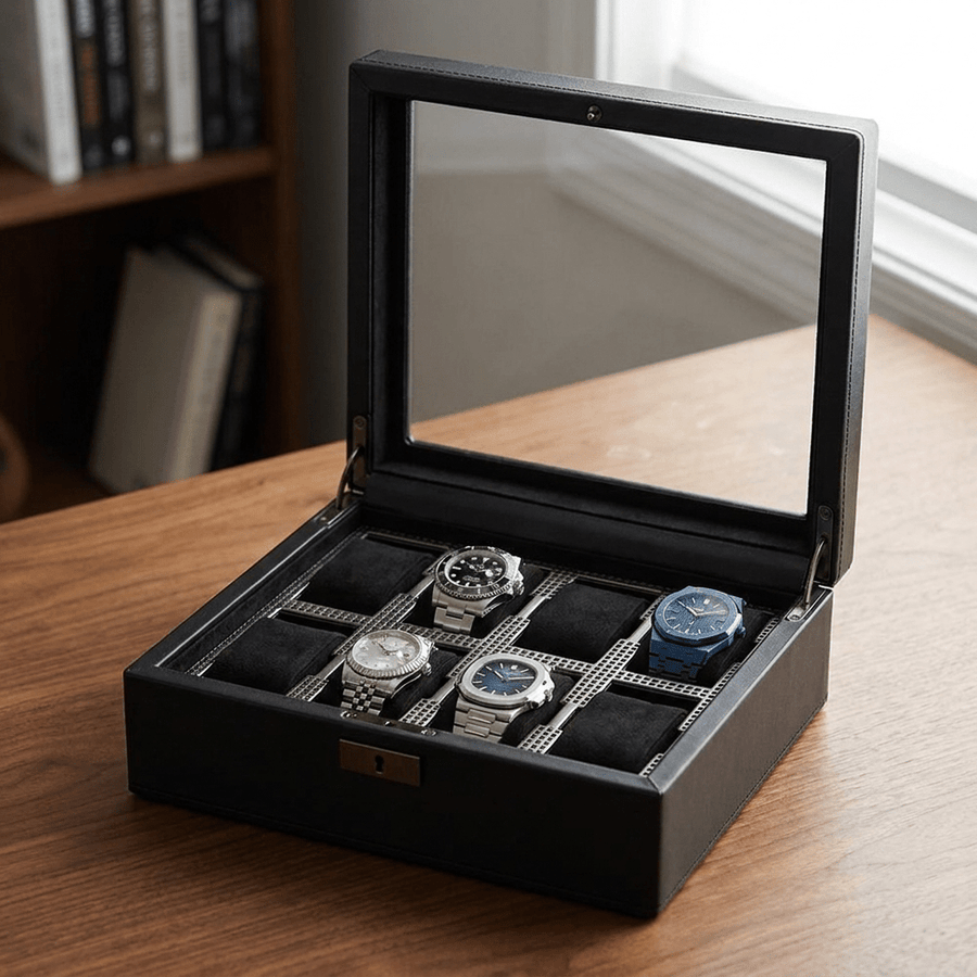 Wolf 1834 Axis horlogedoos 8 horloges Powder Coat - open met horloges