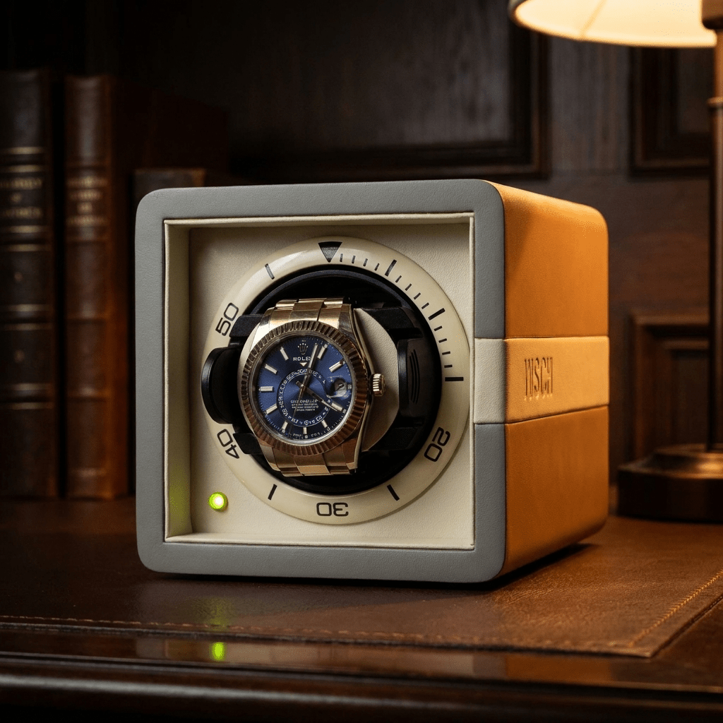 Leanschi watch winder leder 1 horloge - sfeerbeeld studeerkamer