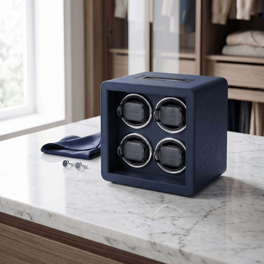 Leanschi Smart watch winder Night Blue Saffiano op marmer