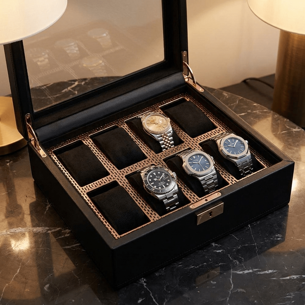 Wolf 1834 Axis horlogedoos 8 horloges Copper - open met horloges