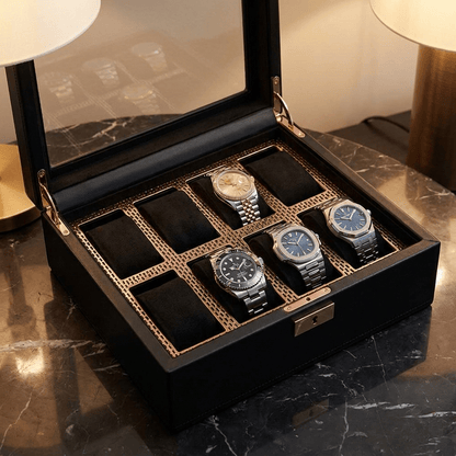 Wolf 1834 Axis horlogedoos 8 horloges Copper - open met horloges