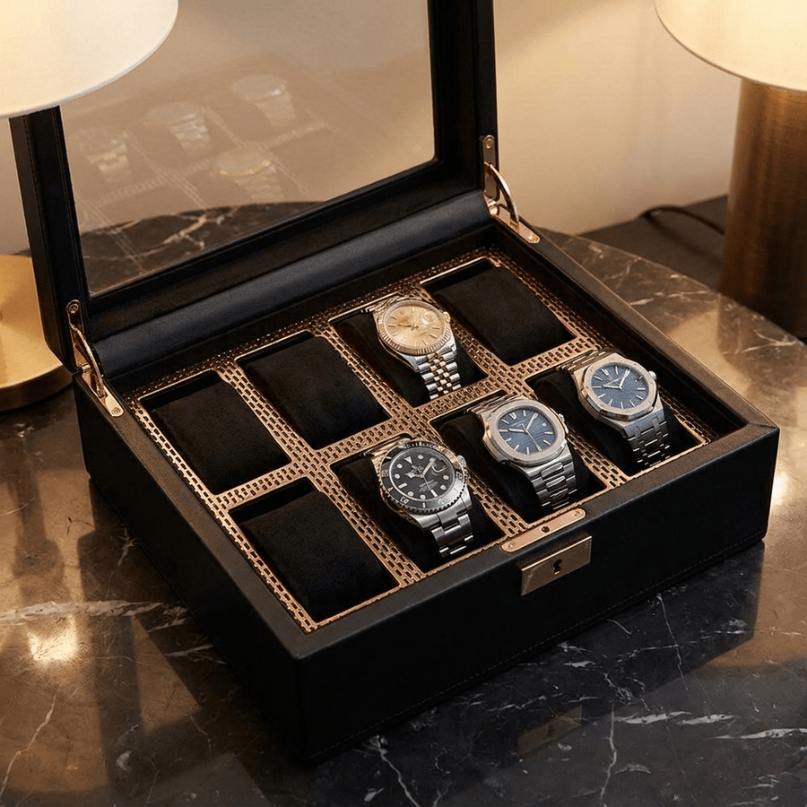Wolf 1834 Axis horlogedoos 8 horloges Copper - open met horloges