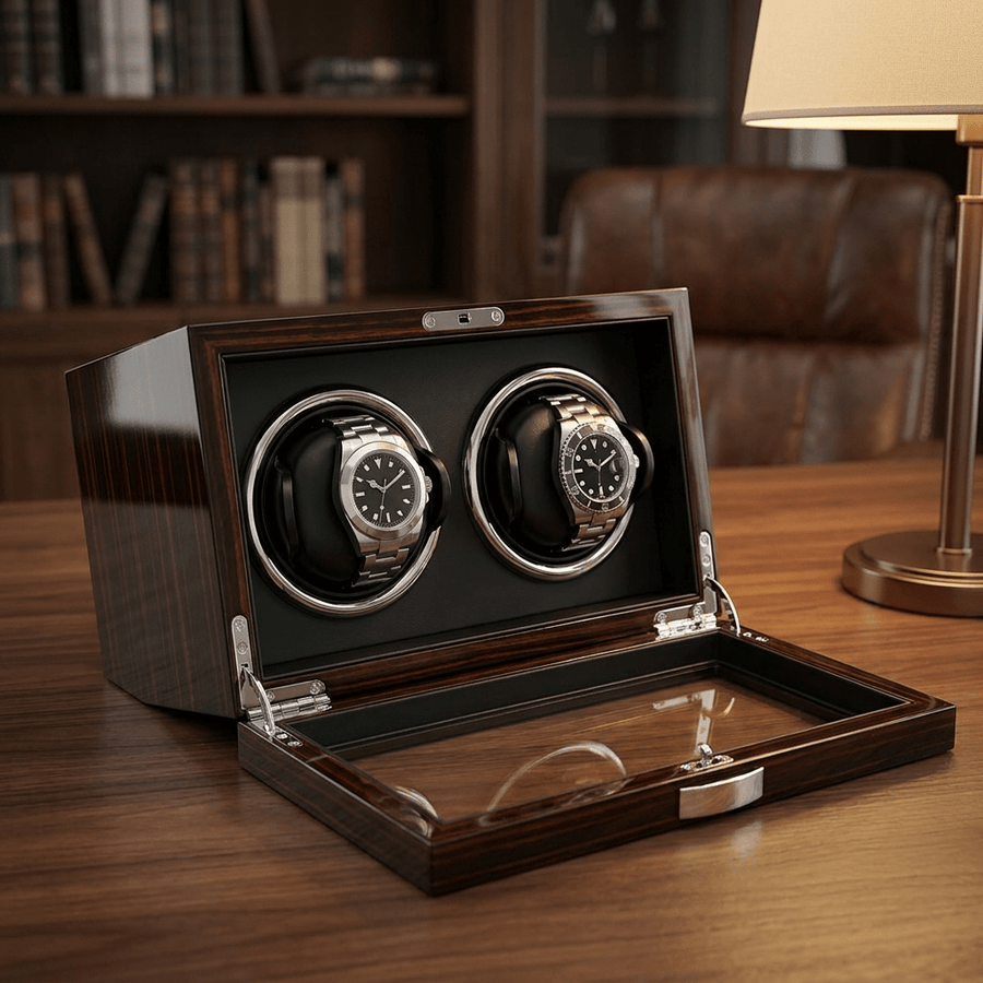 Ashford & Rye Ebony hout 2 horloges - open deksel