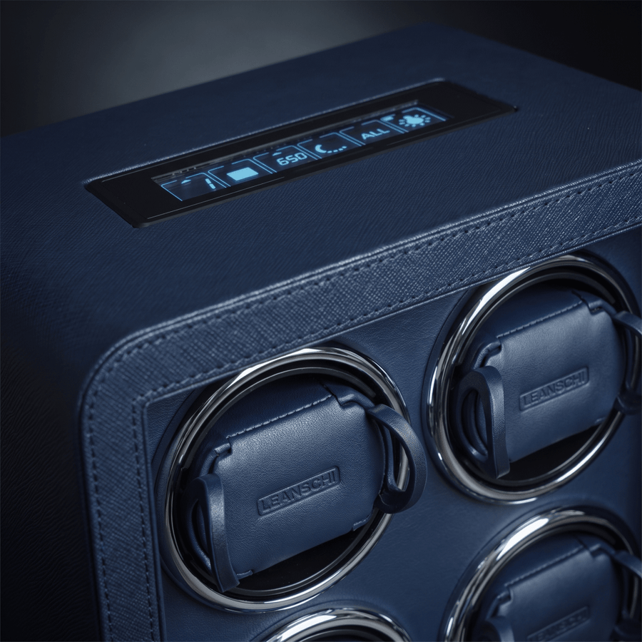 Leanschi Smart watch winder Night Blue Saffiano detail LED-display