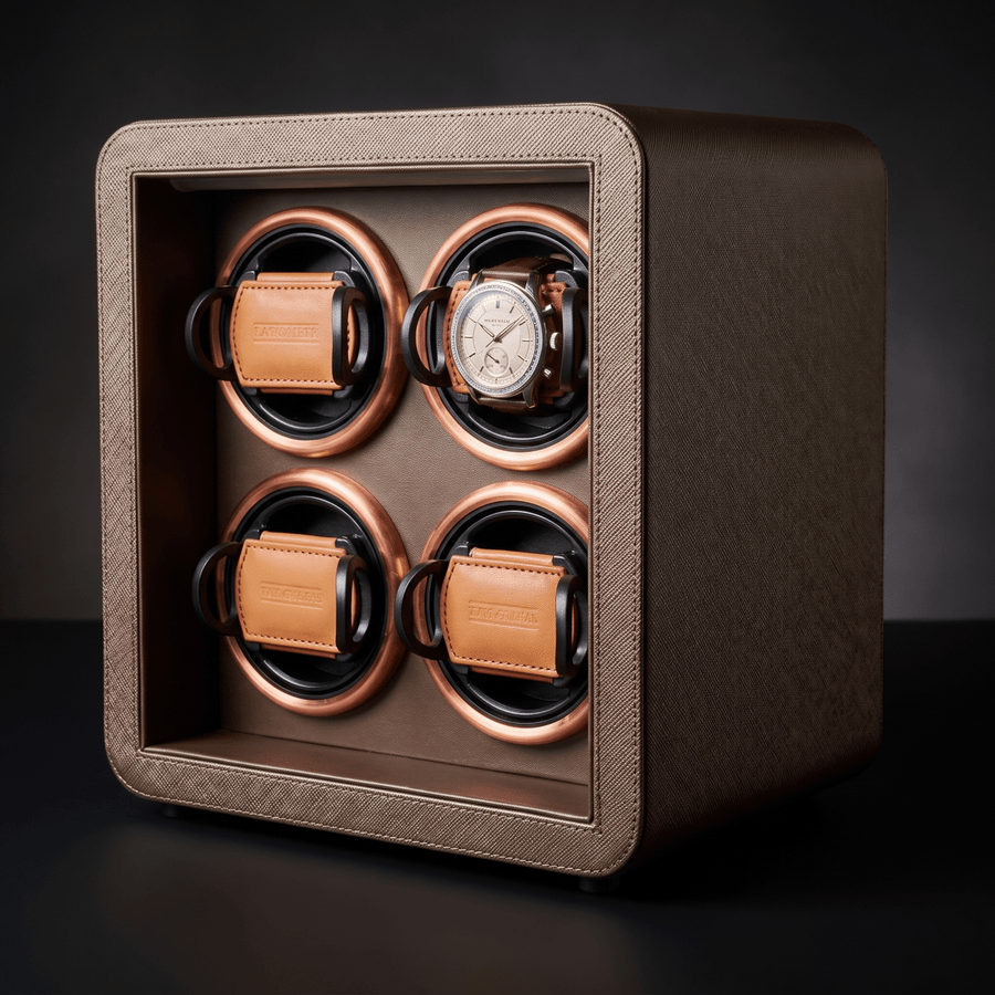 Leanschi Smart watch winder Brown Saffiano detail koperen ringen