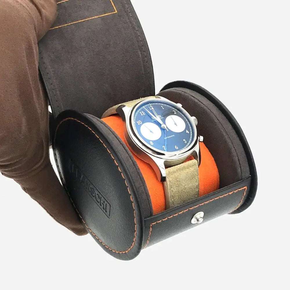 Horloge Pouch Zwart/Oranje leder Leanschi - Horlogedoos - Horlogerieshop.nl