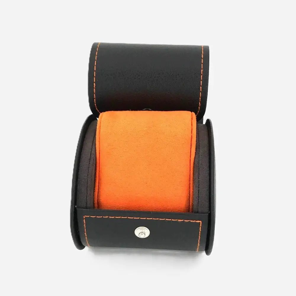 Horloge Pouch Zwart/Oranje leder Leanschi - Horlogedoos - Horlogerieshop.nl