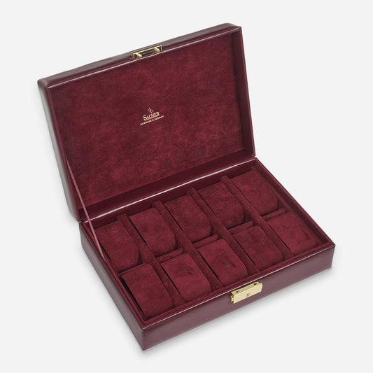 Horlogedoos Acuro 10 Horloges Sacher in bordeaux, open schuin
