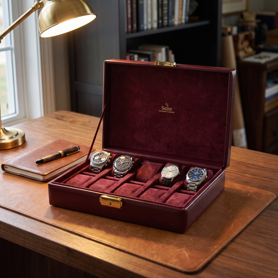 Horlogedoos Acuro 10 Horloges Sacher in bordeaux, lifestyle open