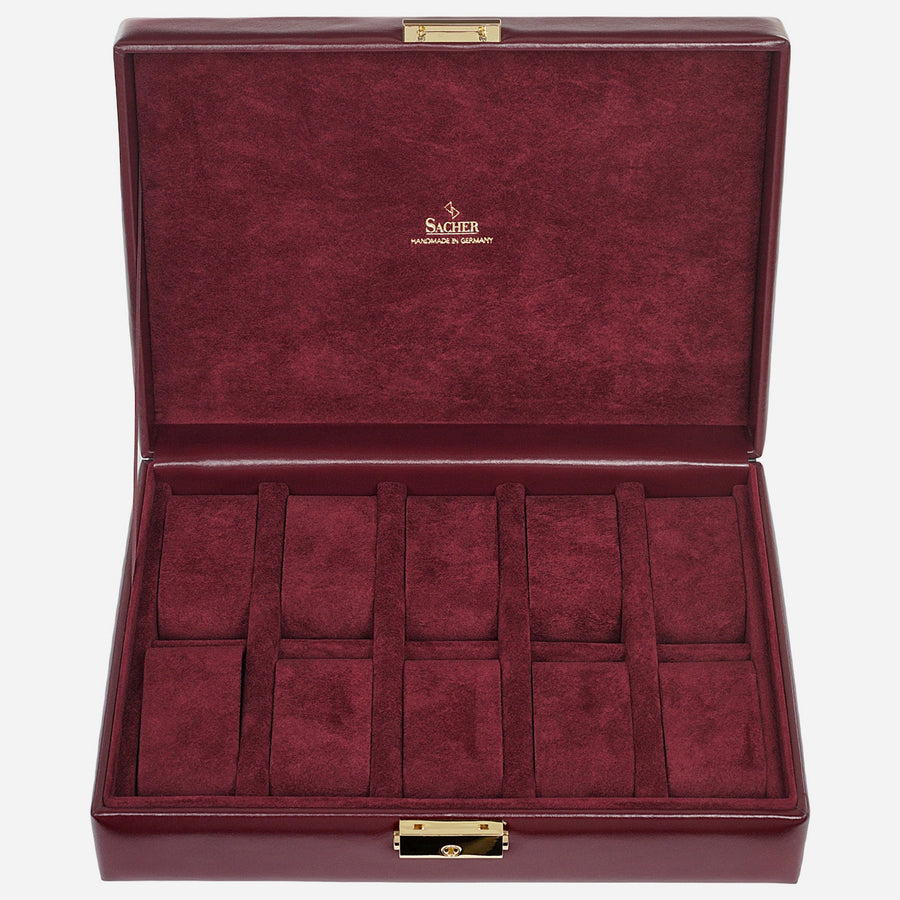 Horlogedoos Acuro 10 Horloges Sacher in bordeaux, open