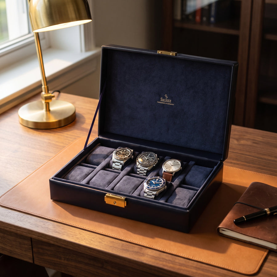 Horlogedoos Acuro 10 Horloges Sacher in navy, lifestyle open