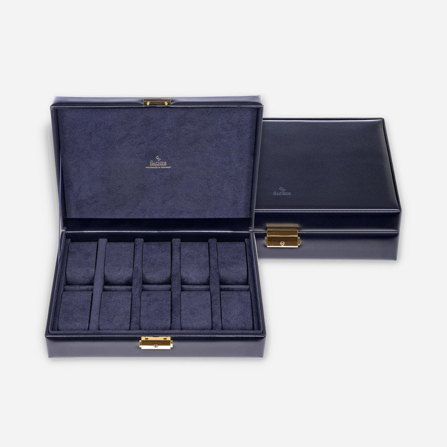 Horlogedoos Acuro 10 Horloges Sacher in navy, open en gesloten recht