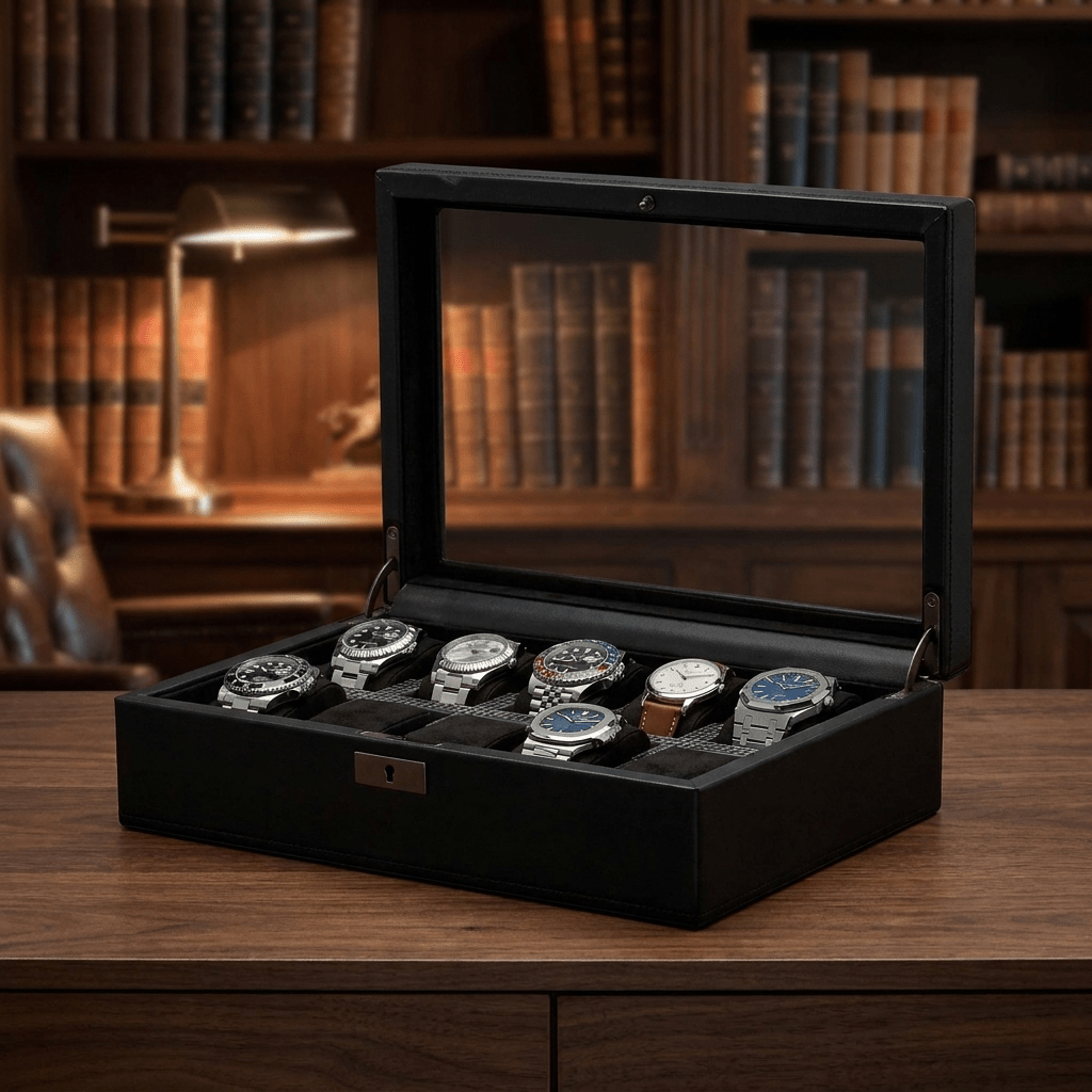 Wolf 1834 Axis horlogedoos 10 horloges Powder Coat - open met horloges