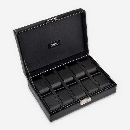 Sacher Black Exclusive horlogedoos voor 10 horloges in zwart leer, open, schuin van voren