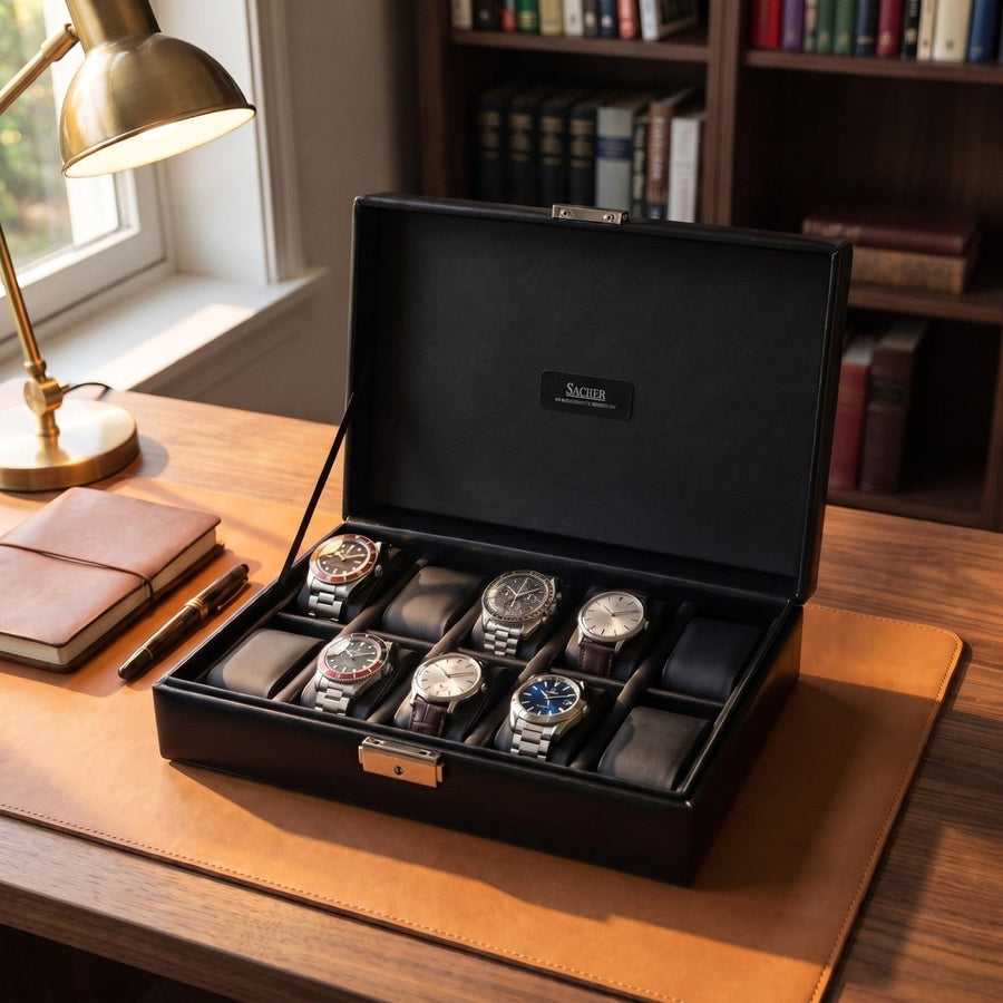 Sacher Black Exclusive horlogedoos voor 10 horloges in zwart leer, lifestyle open