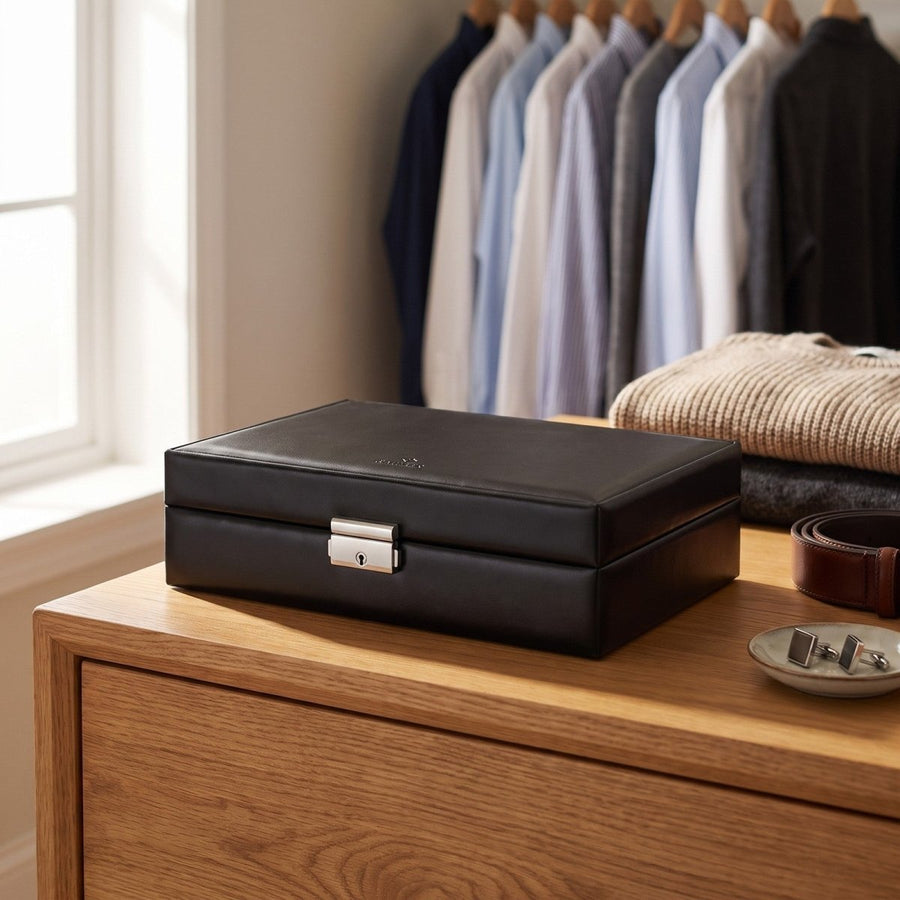 Sacher Black Exclusive horlogedoos voor 10 horloges in zwart leer, lifestyle gesloten