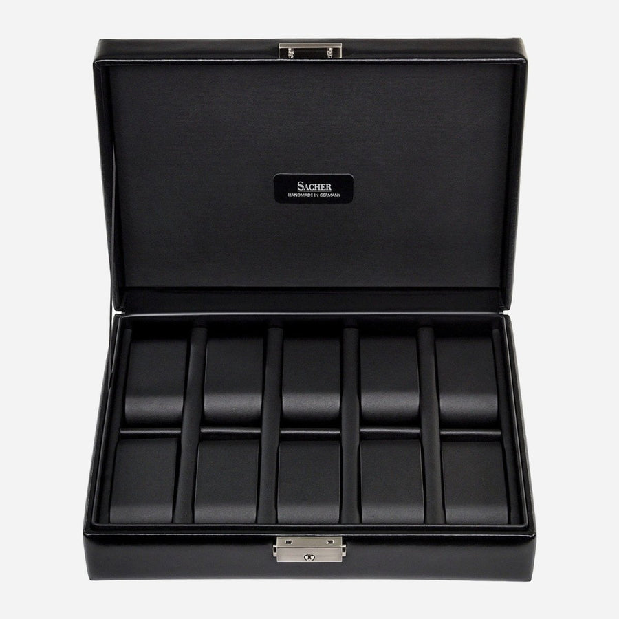 Sacher Black Exclusive horlogedoos geopend, tien vakken met zwarte horlogekussens