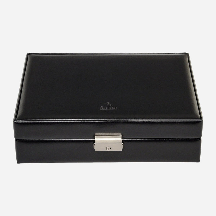 Sacher Black Exclusive horlogedoos zwart leer, gesloten, recht van voren