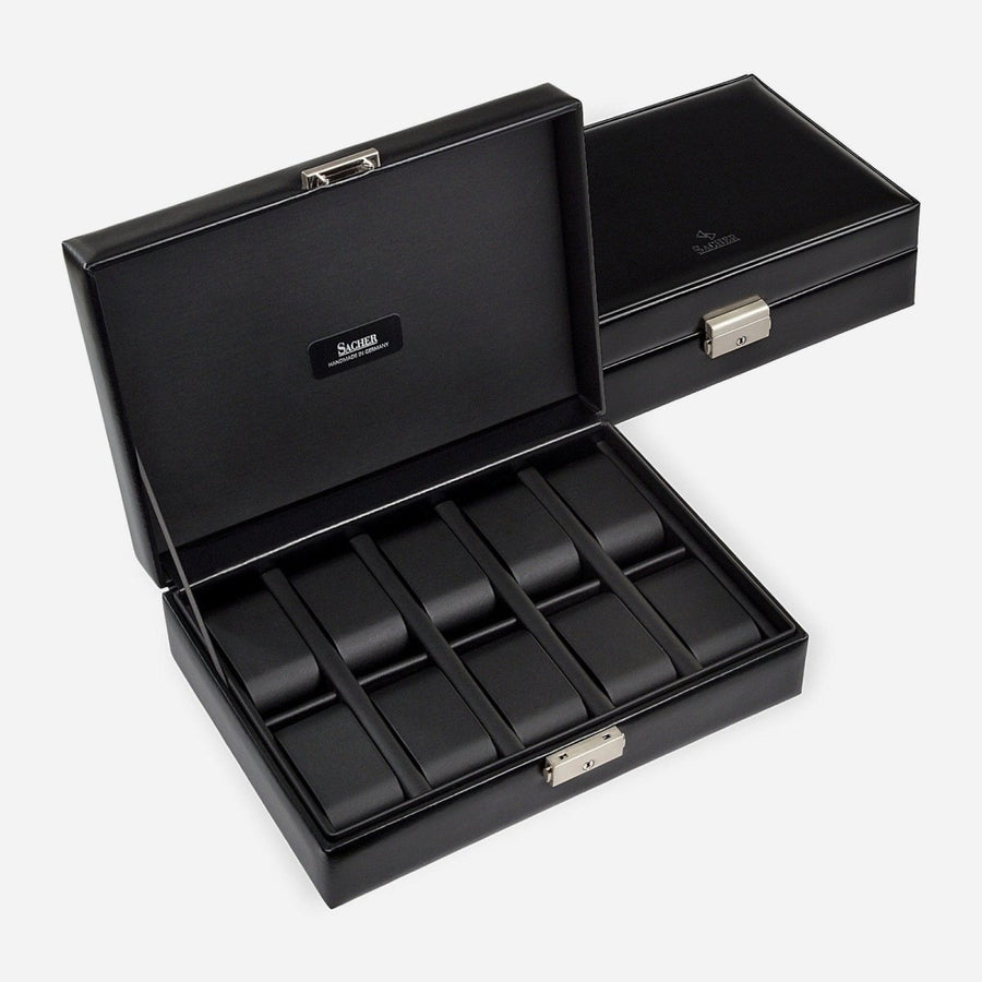 Sacher Black Exclusive horlogedoos voor 10 horloges, open en gesloten