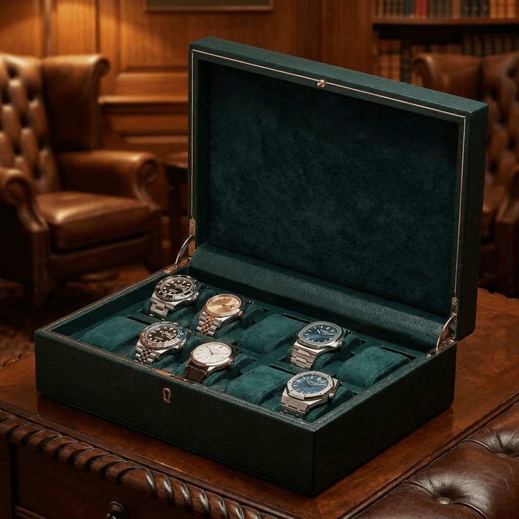 Wolf 1834 British Racing horlogedoos 10 horloges Donkergroen - open met horloges