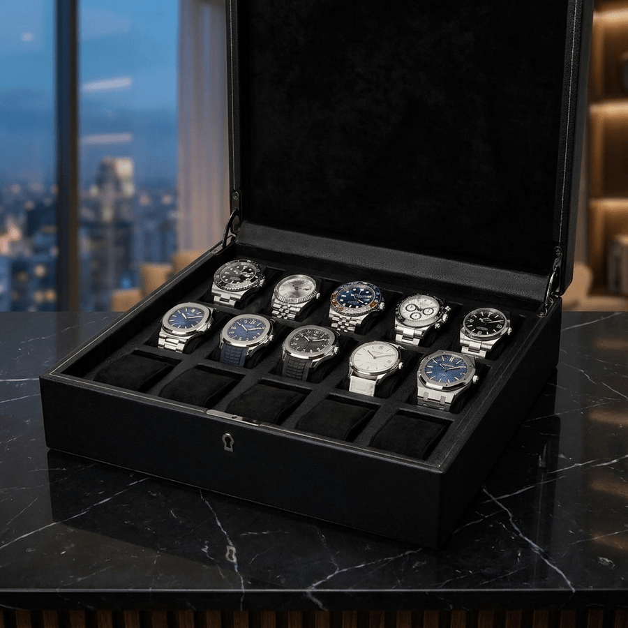Wolf 1834 British Racing horlogedoos 15 horloges Saphire Black - open met horloges