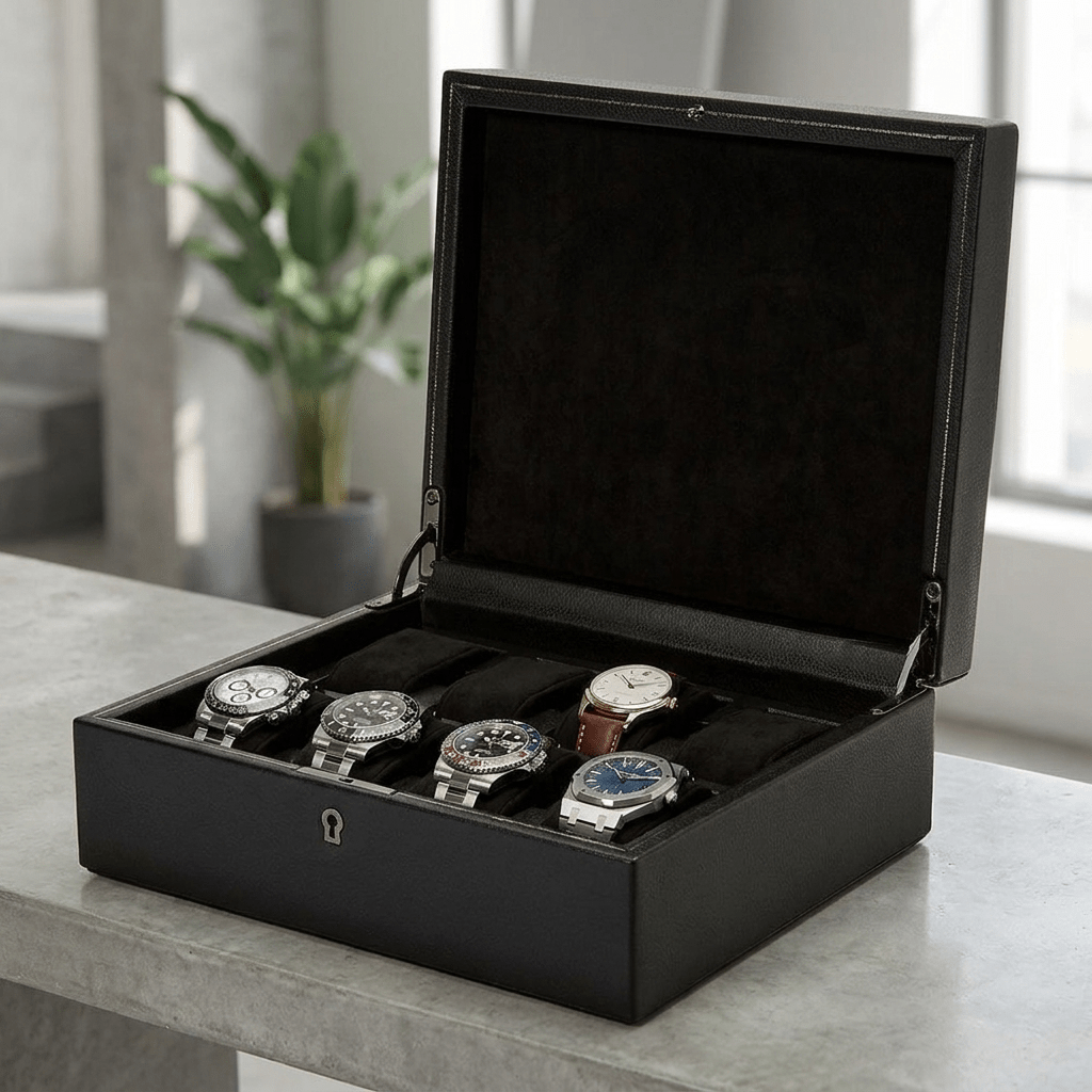 Wolf 1834 British Racing horlogedoos 8 horloges Saphire Black - open met horloges