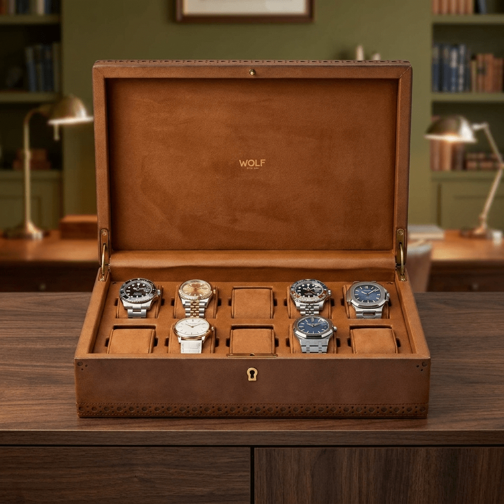 Wolf 1834 Brogue horlogedoos 10 horloges - open met horloges