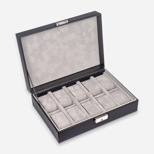 Horlogedoos Carvon 10 Horloges Sacher in carbon, open schuin