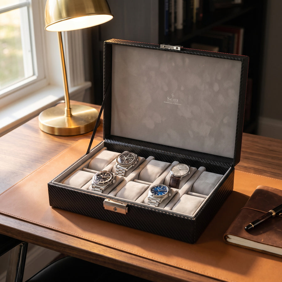 Horlogedoos Carvon 10 Horloges Sacher in carbon, lifestyle open