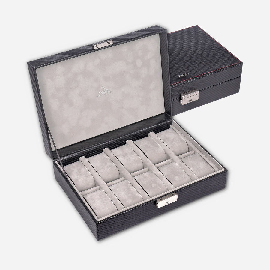 Horlogedoos Carvon 10 Horloges Sacher in carbon, open en gesloten