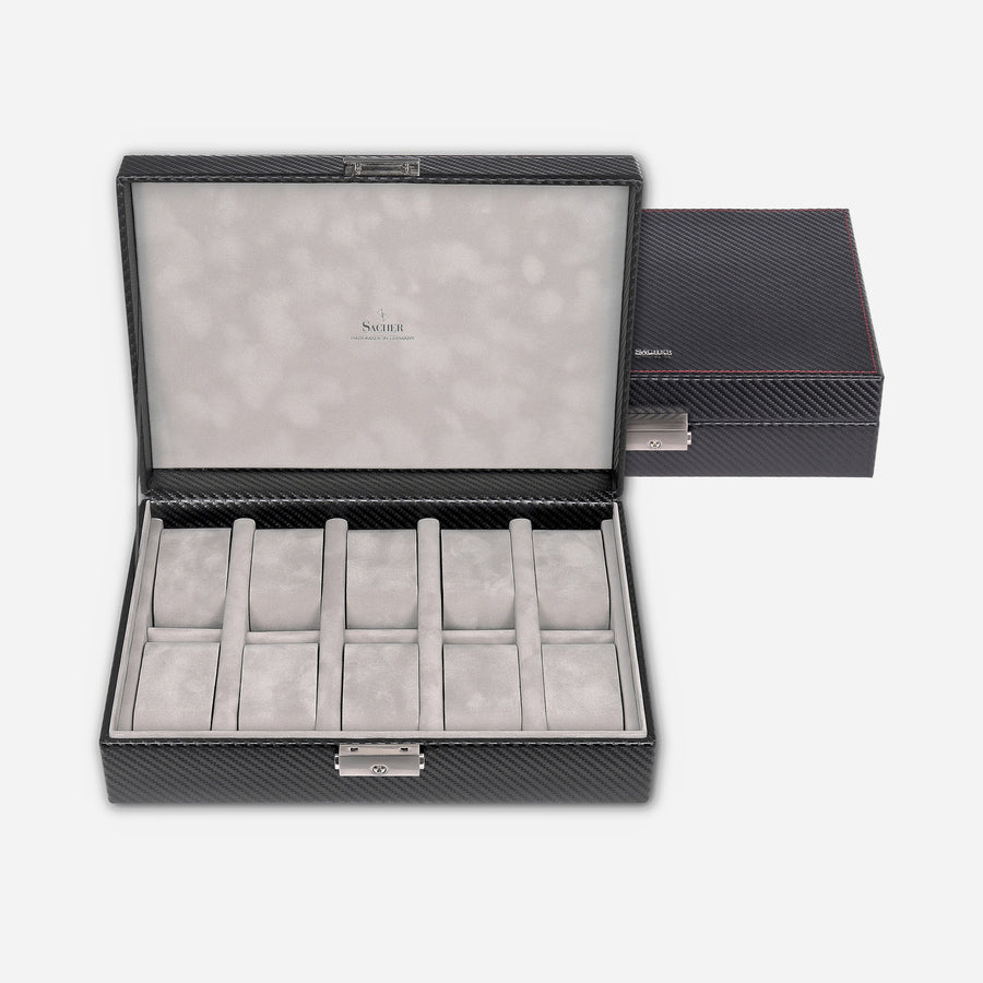 Horlogedoos Carvon 10 Horloges Sacher in carbon, open en gesloten recht
