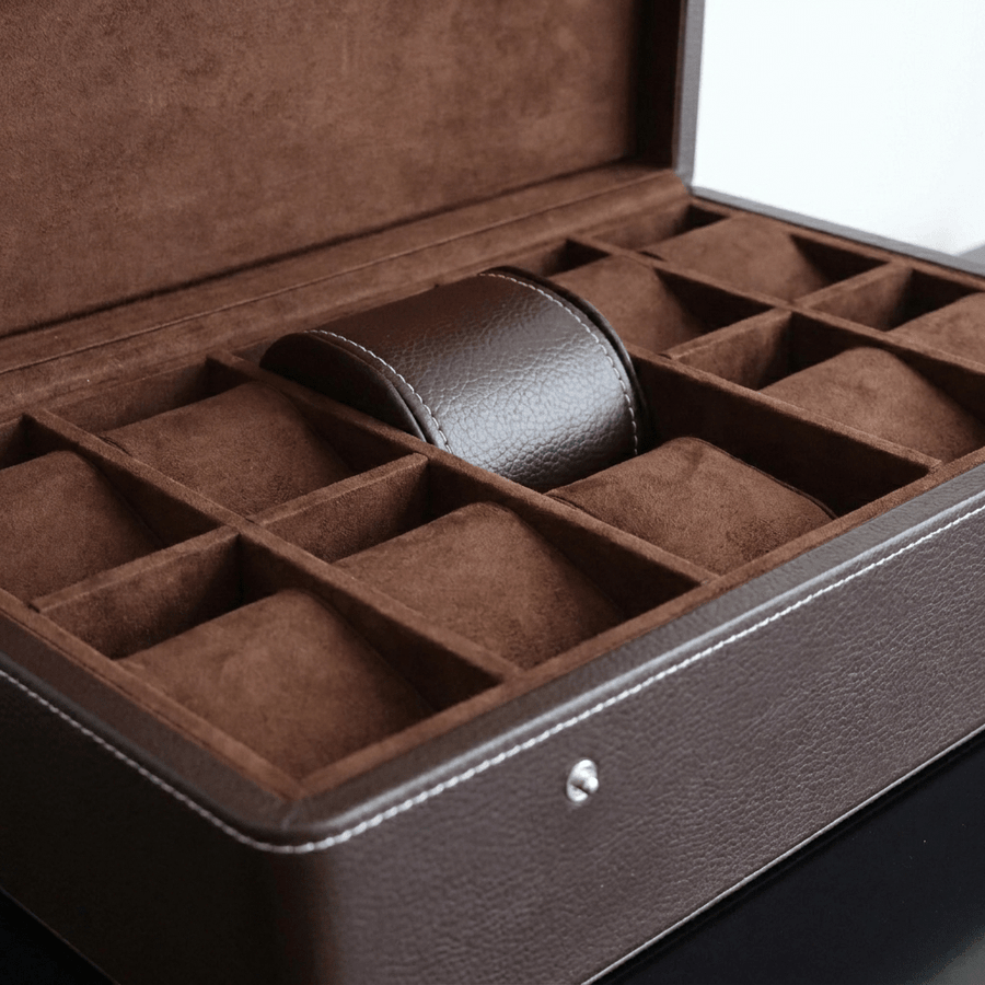 Leanschi horlogedoos 10 horloges donkerbruin interieur detail