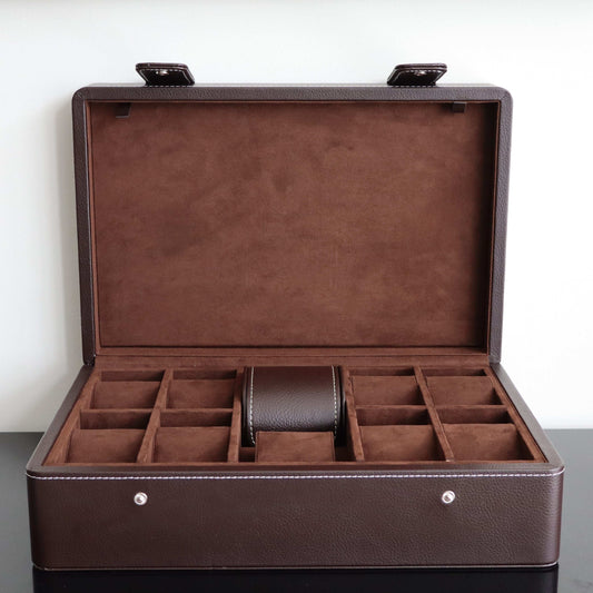 Horlogedoos Donkerbruin leder 10 Horloges Leanschi + gratis Watch Pouch