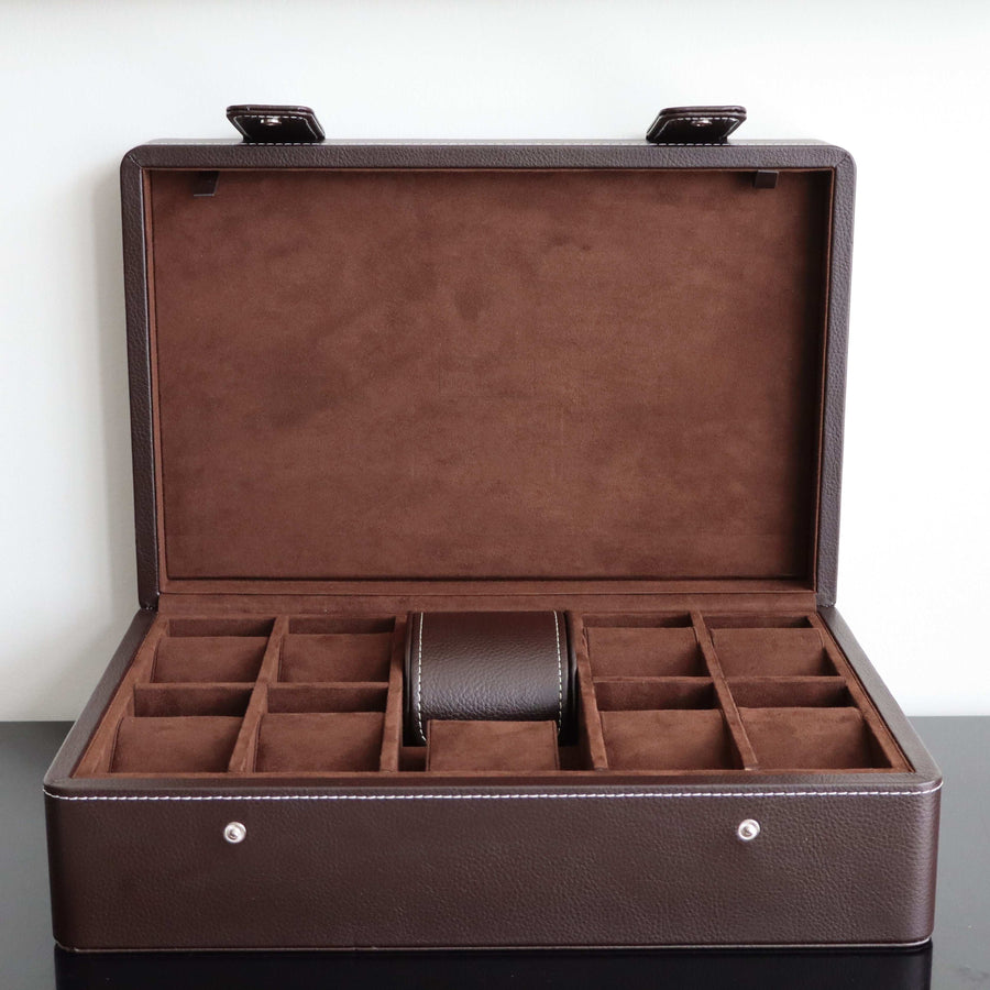 Horlogedoos Donkerbruin leder 10 Horloges Leanschi + gratis Watch Pouch