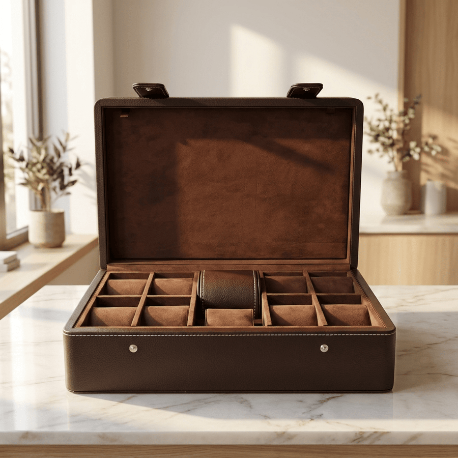 Leanschi horlogedoos 10 horloges donkerbruin open zonder horloges