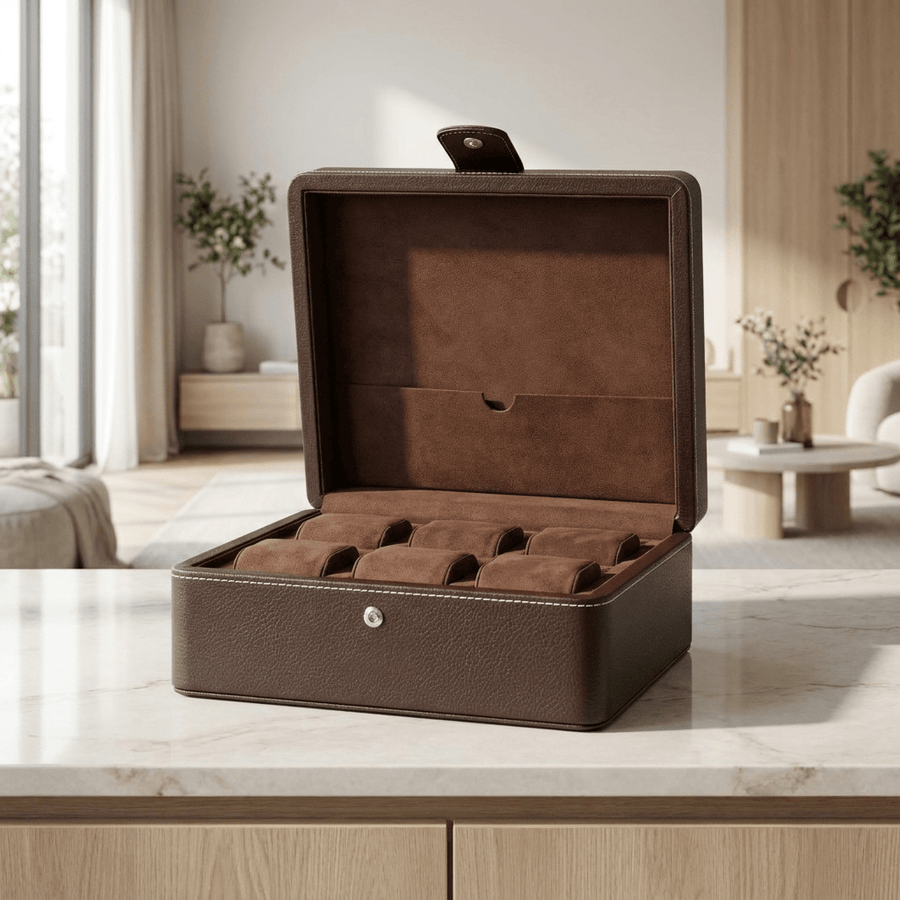 Leanschi horlogedoos 6 horloges Dark Brown open zonder horloges