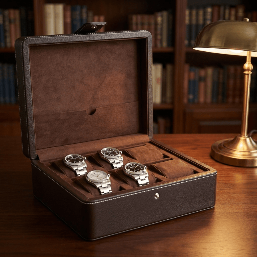 Leanschi horlogedoos 6 horloges Dark Brown open met horloges