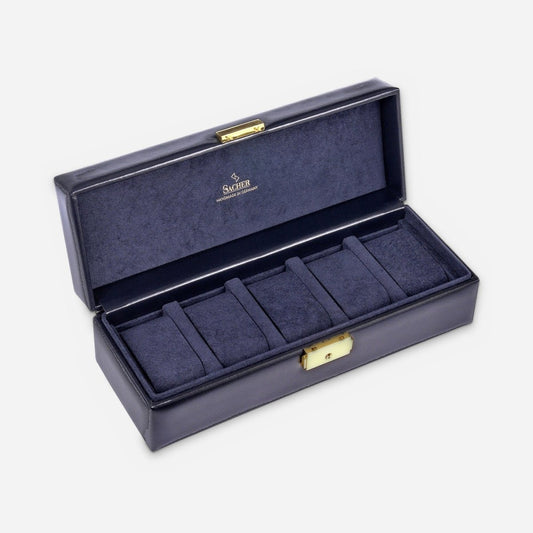 Sacher horlogedoos Leer 5 Horloges, navy, open schuin