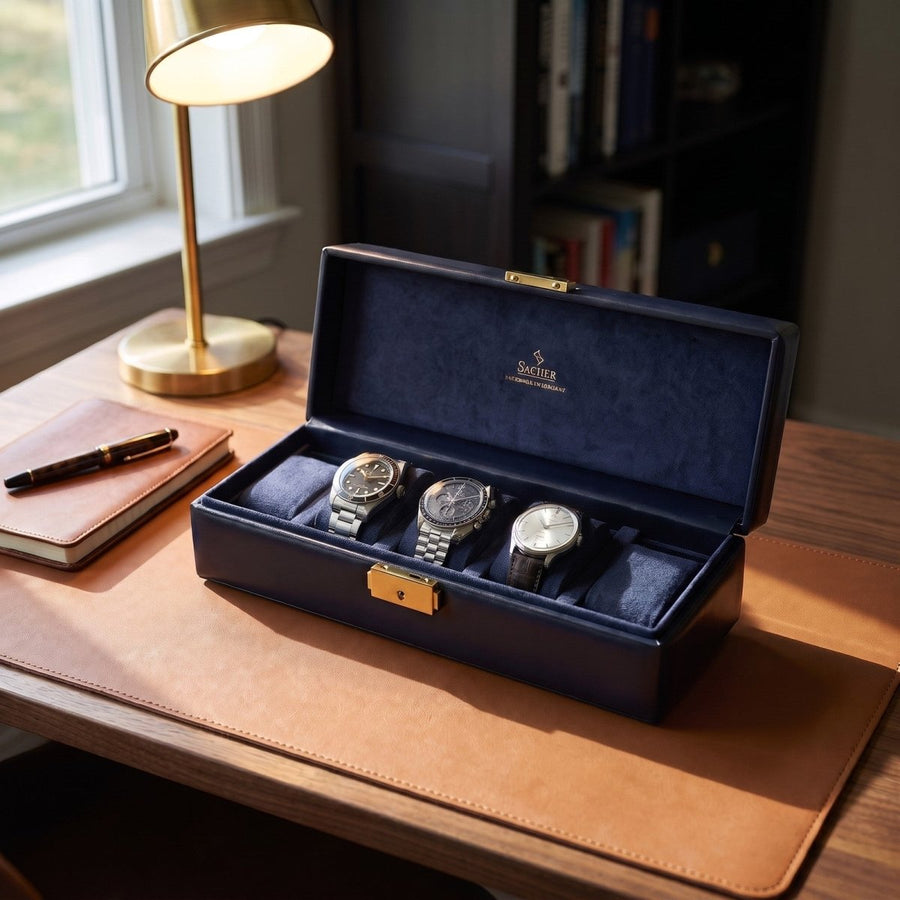 Sacher horlogedoos Leer 5 Horloges, navy, lifestyle open