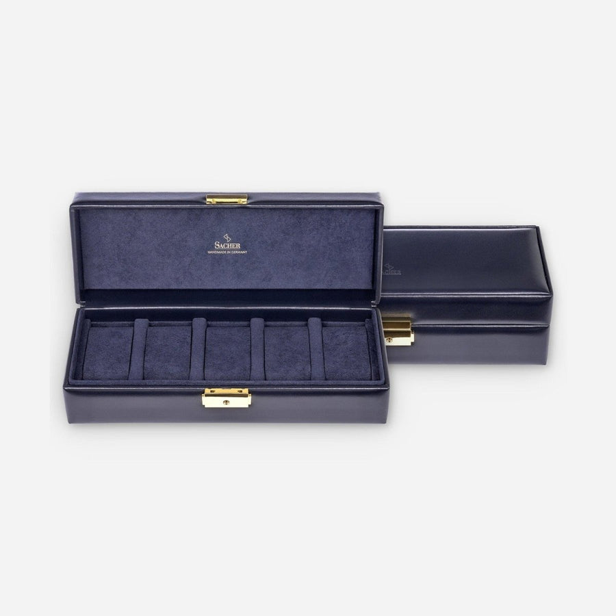Sacher horlogedoos Leer 5 Horloges, navy, open en gesloten voorkant