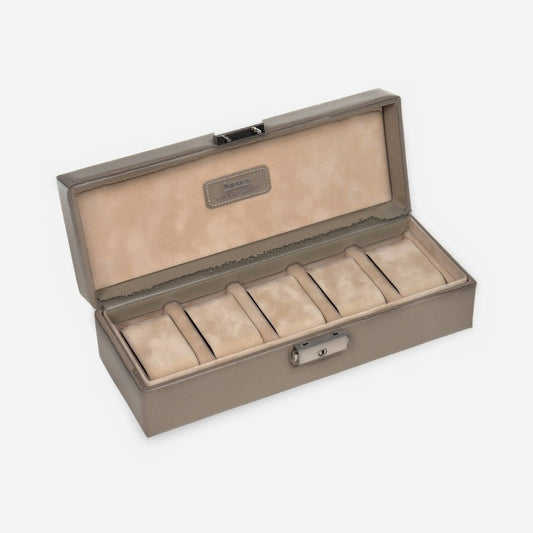 Sacher horlogedoos Leer 5 Horloges, taupe, open schuin
