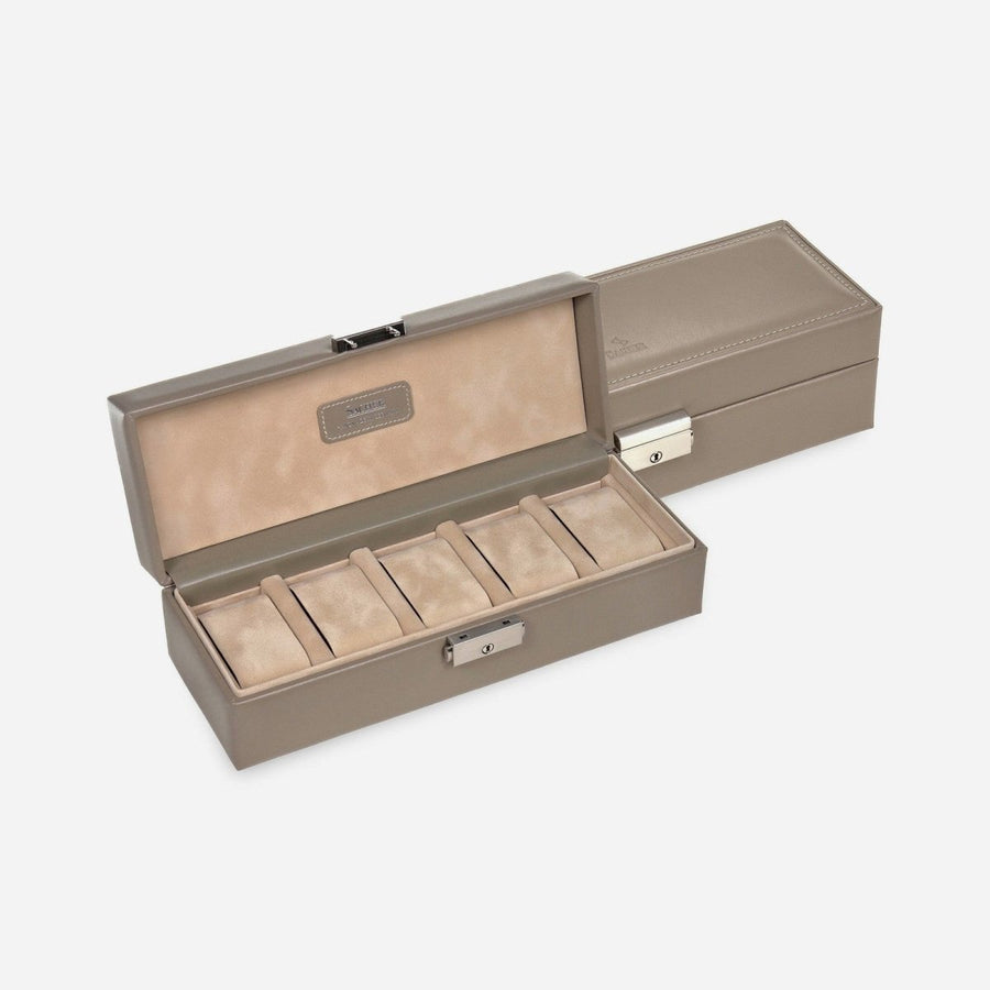 Sacher horlogedoos Leer 5 Horloges, taupe, open en gesloten